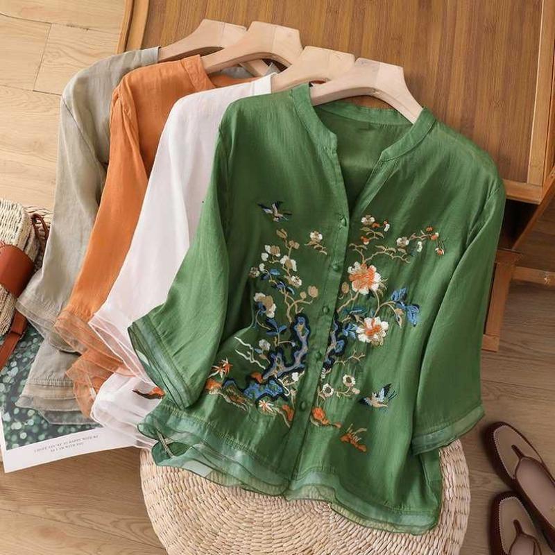 Dámská letní tenká vyšívaná košile s pětičtvrtečním rukávem, patchwork, ležérní, na knoflíky, čínský styl, halenka