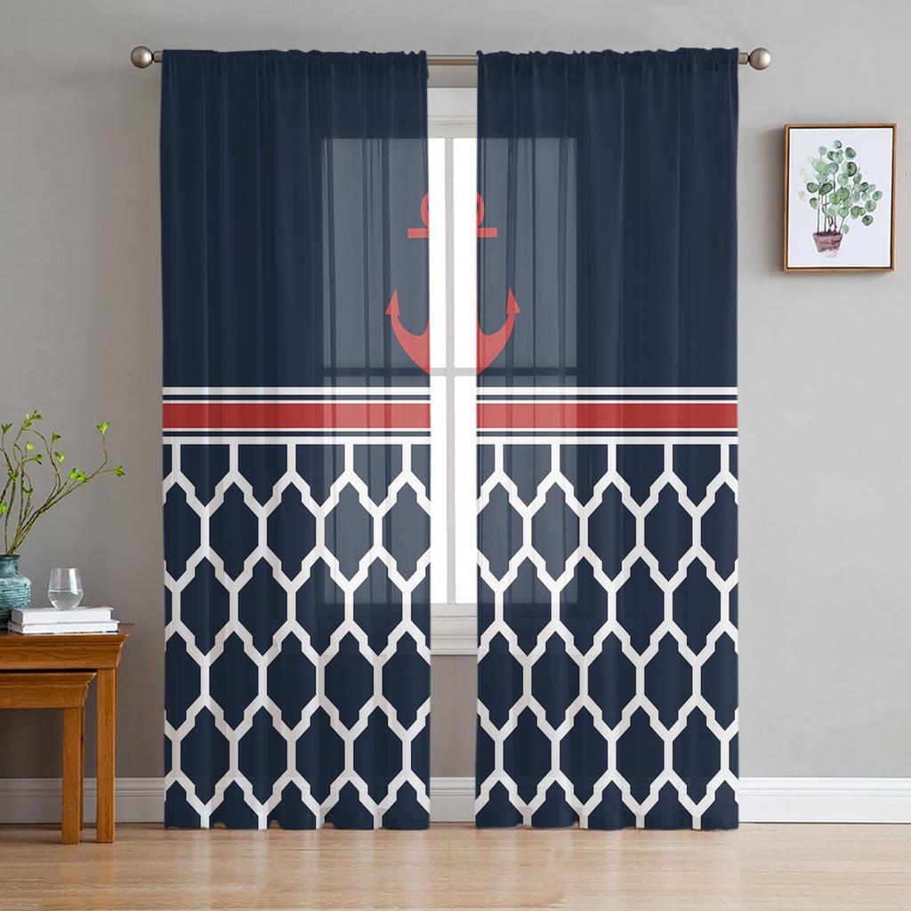 Navy Striped Anchor Sheer Curtains For Living Room Bedroom Kids Room Tulle Window Treatment Drapes