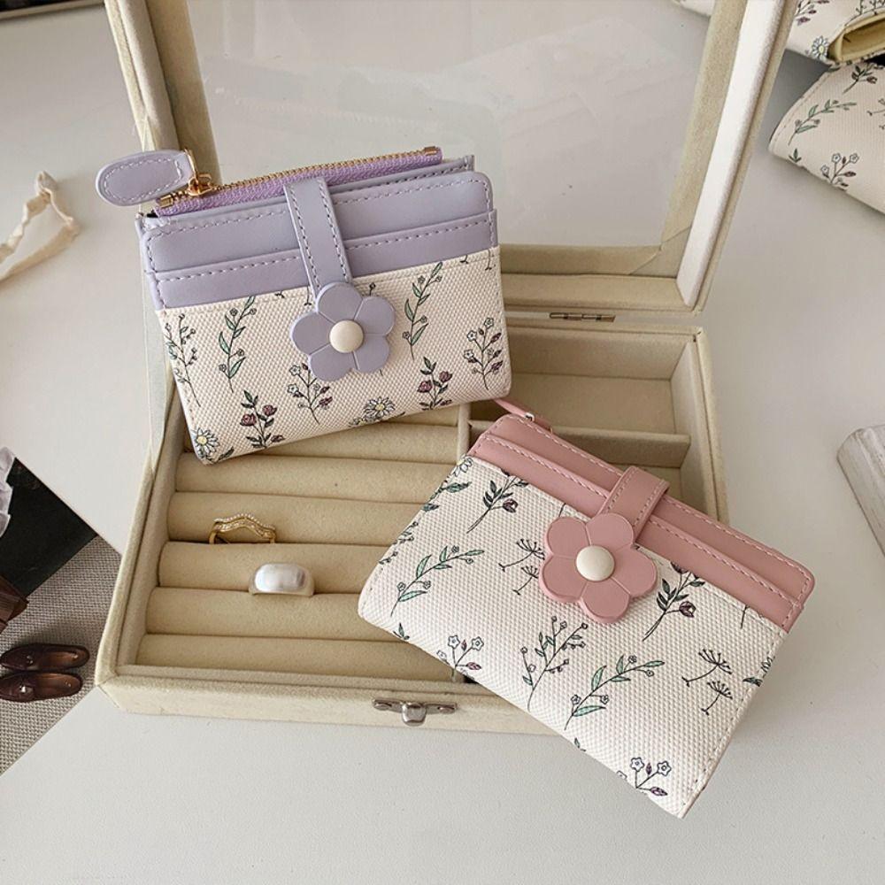 Print PU Leather Card Holder Floral Folding Card Bag Fashion Design Flower Short Wallet  Travel