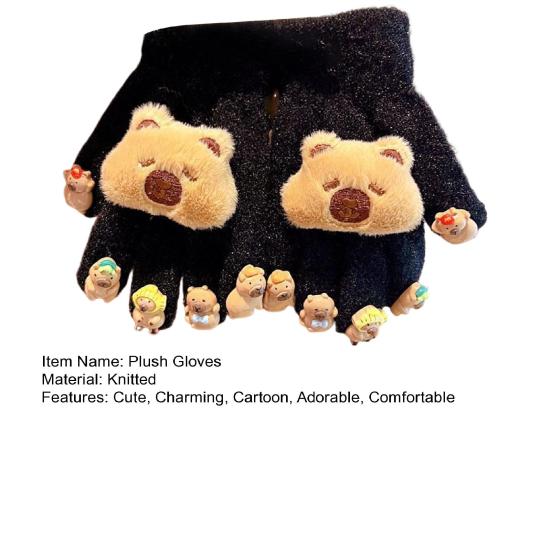 Winter Children Plush Capybara Gloves 3D Capybara Doll Gloves Soft Warm Five Finger Gloves for Cold Weather Outdoors