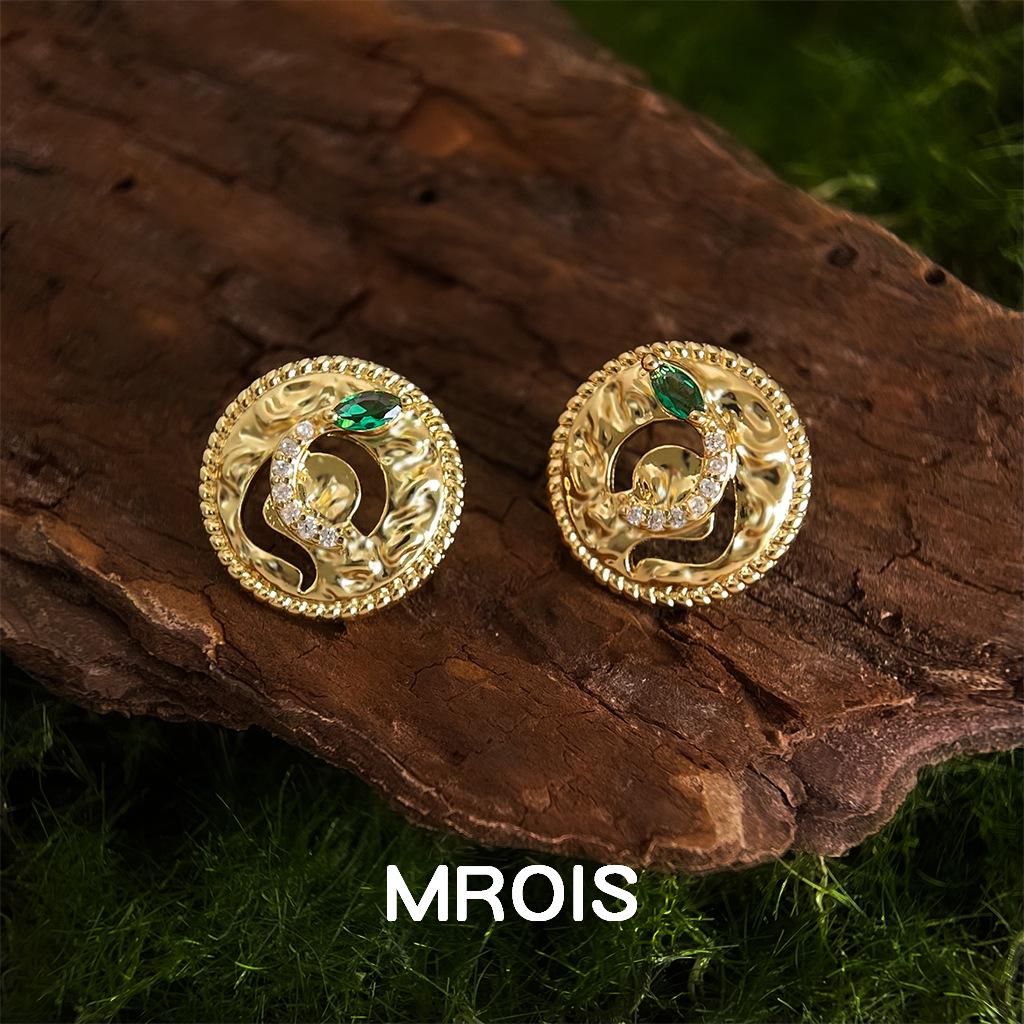 18K Gold-Plated S925 Silver Snake Stud Earrings with Retro Green Zircon