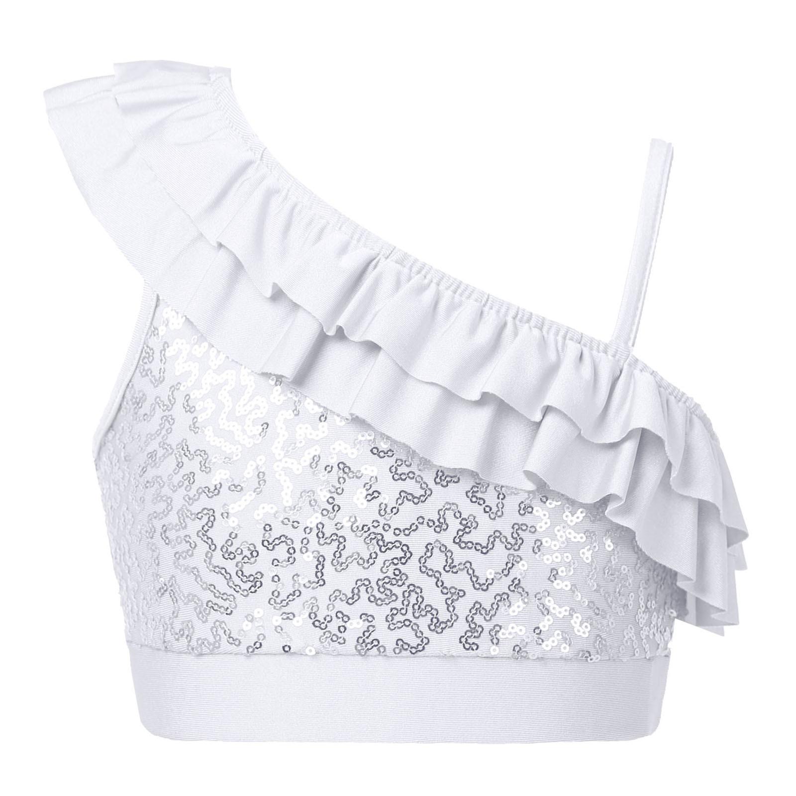 

Дівчата асиметричний плечовий блискіток укорочений топ з рюшами та гумкою для танцювального виступу 13-14 Years білий