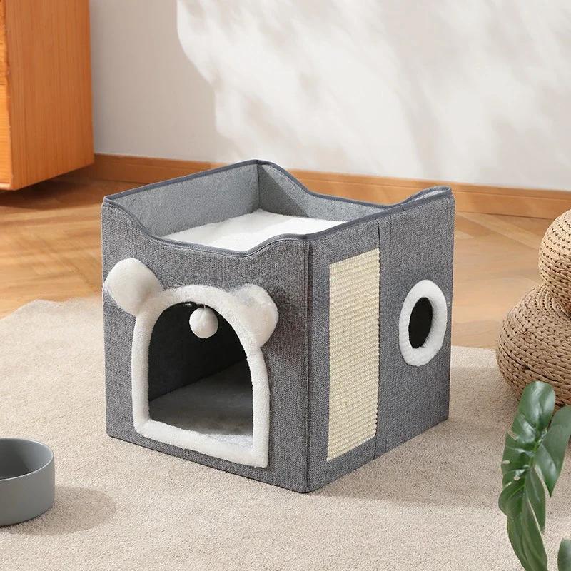 Double Layered  Pet Cat House Large Foldable Cat Bed Four Season Universal Cats with Ball Hanging Cube Beds Pet Supplies & Pet