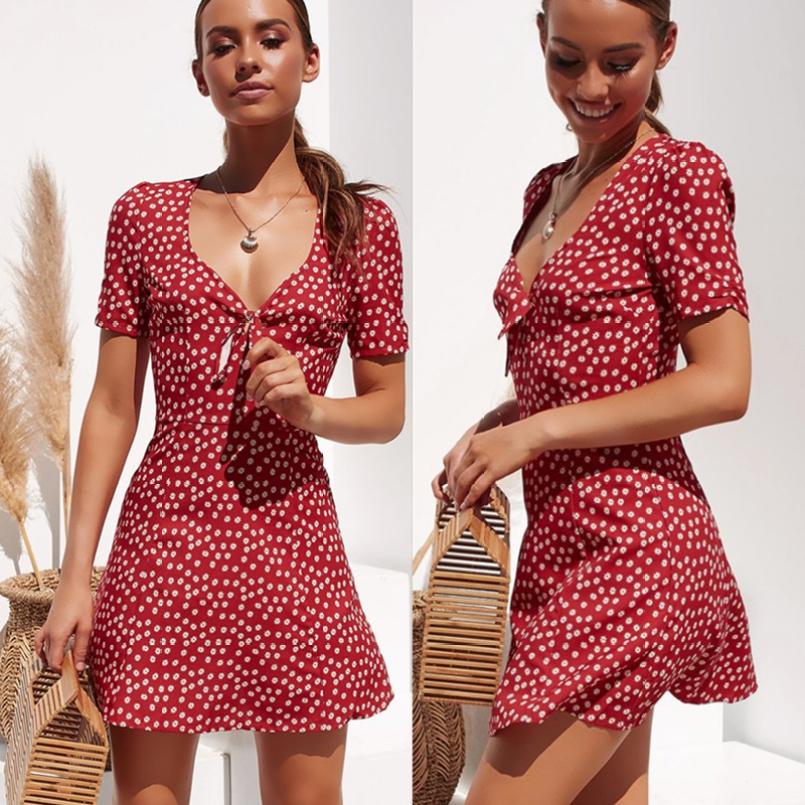 Women Summer Casual Short Sleeve Floral Boho Dress Party Evening Beach V Neck Dress Fashion Sexy