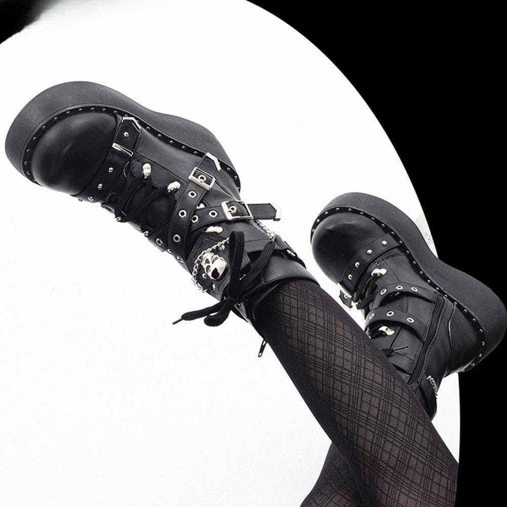 Size 42 Brand New Ladies Wedges High Heels Boots Fashion Metal Decor Buckle Punk Platform Women's Boots Party Goth Street Woman Shoes