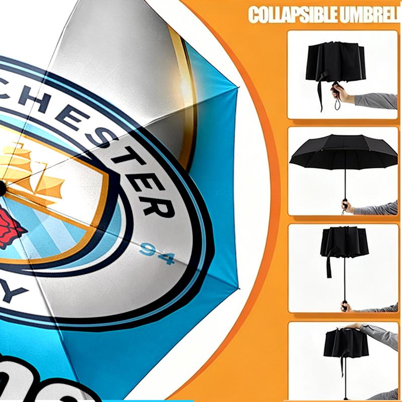 Custom Name Personalized Manchester City FC Print Umbrella, Auto Open Close, 8‑Rib Sturdy Frame, Commute Camping Hiking Use, Birthday Gift