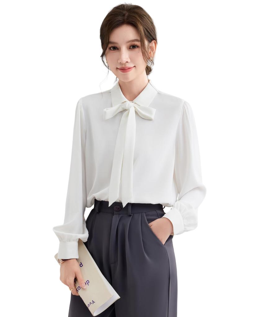 SPRING SEAON Long Sleeve Chiffon Dress Shirt with Bow Available in Plus Perfect for and Fall Women's Tie, Sizes, Slimming, Stylish, Casual,