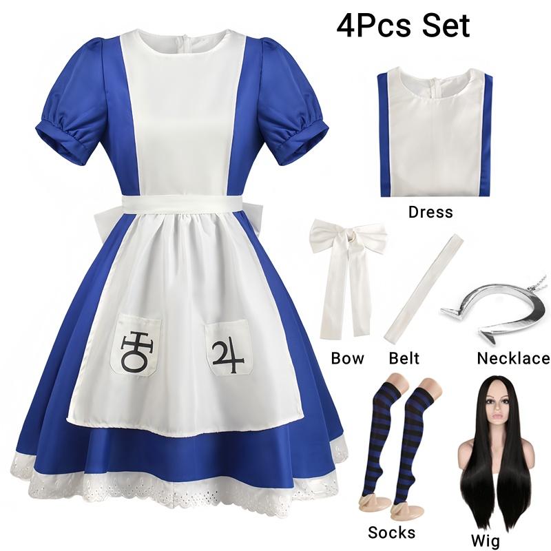 Costume Cosplay Alice Madness di Halloween e Vestito con Grembiule da Cameriera e Calze Donna Ragazza Anime Donna Vestito per Festa di Carnevale