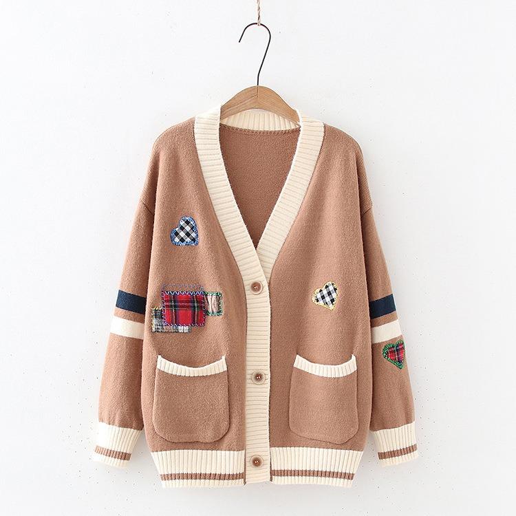 Embroidered Sweater Women's Coat Autumn and Winter Loose Knit Cardigan Long Sleeved Thick V - Neck Coat