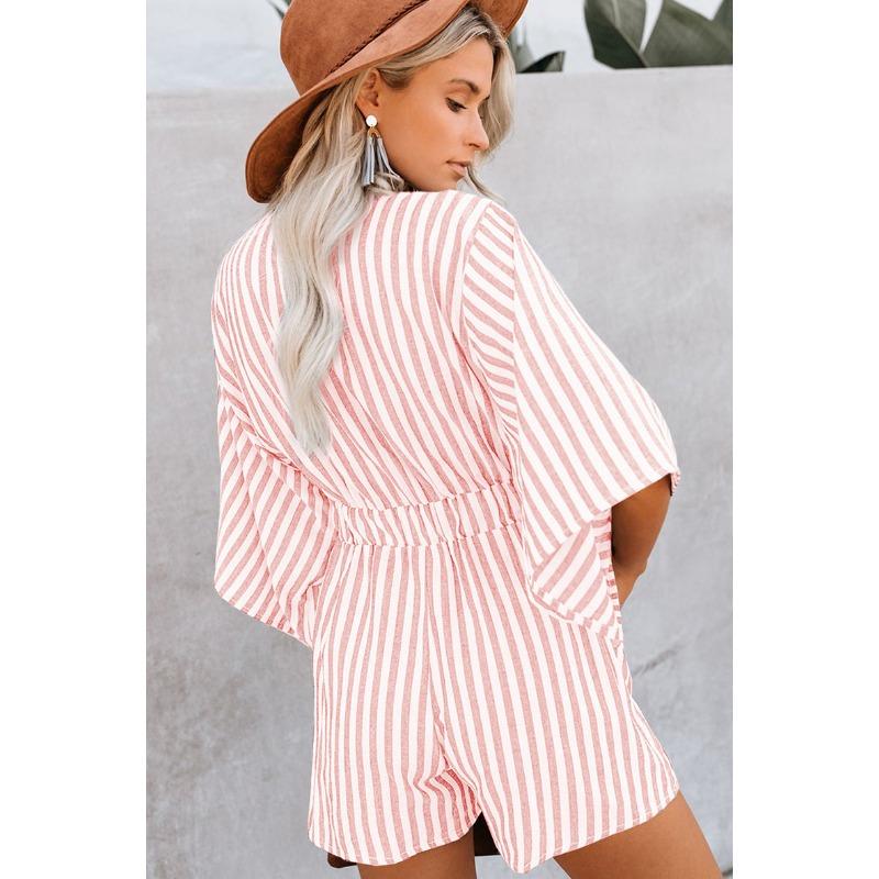 Womens Striped Tie Front V Neck Batwing Sleeve Romper With Pockets