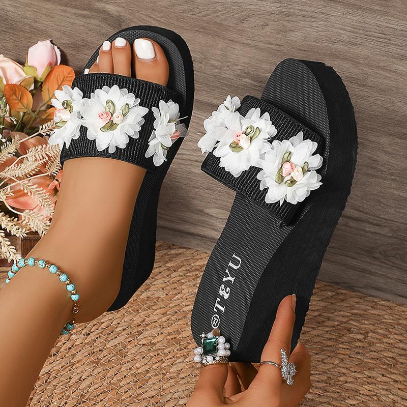 Fashion Fashion Flowers Decor Wedge Slippers Women 2025 Summer Knit Thick Sole Slides Woman Lightweight Platform Beach Vacation Sandals