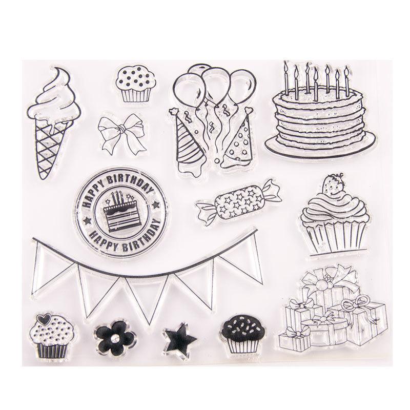 Happy Birthday Cake Transparent Silicone Clear Stamps Seal for DIY Scrapbooking Album Paper Card Decorative Sheets Balloon Flag Present
