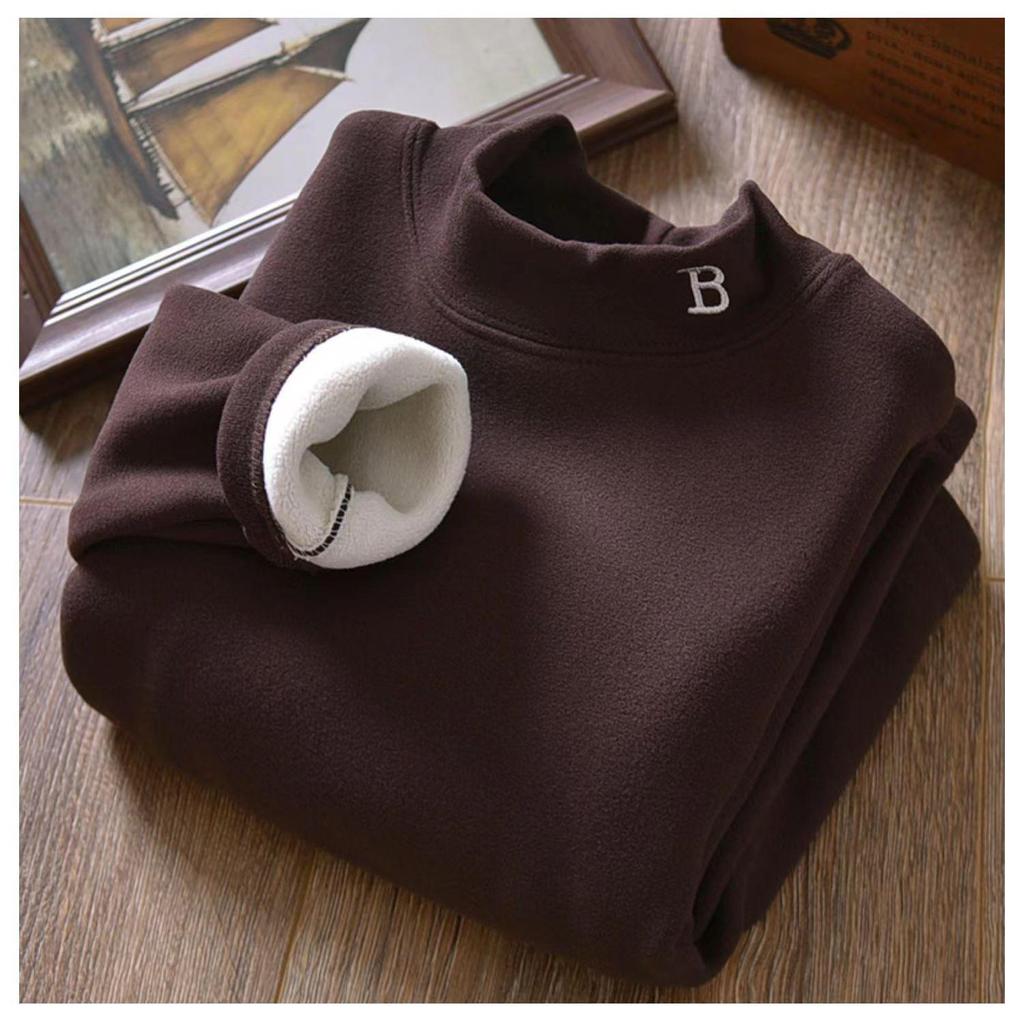 Boys' Half-Turtleneck Warm Autumn Winter Shirt with Velvet  Thickened Medium and Large Children's Clothing for Boys