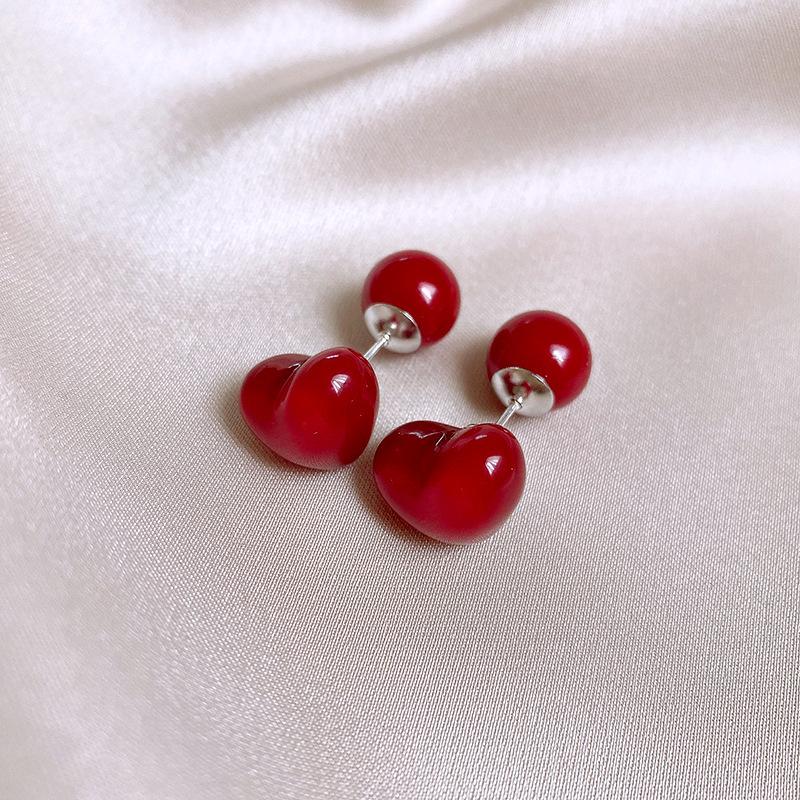 Ankola Red Spray Paint Love Ear Buckle Earrings Hong Kong Style Sweet Versatile Commuter Earrings Light Luxury High-end Earrings Women