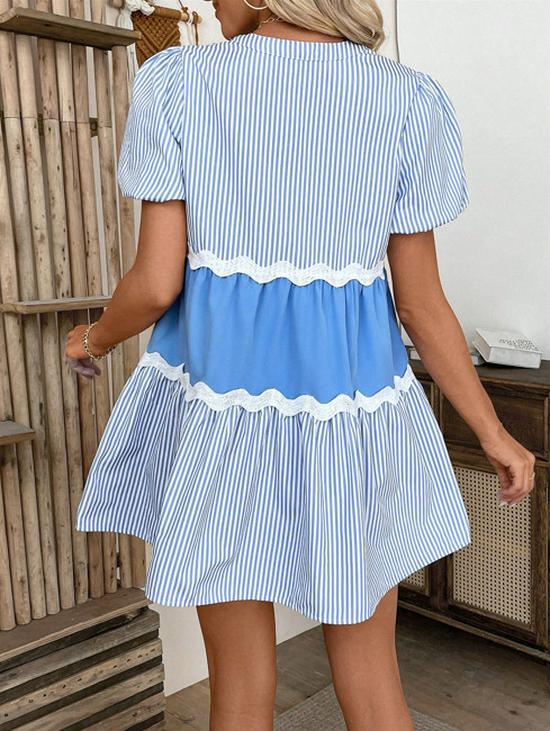 Blue & White Striped Patchwork Lace Puff Sleeve Petite Dress