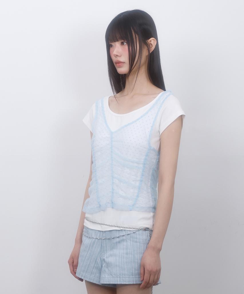 LMR Two-Way Lace Shirred Layered Short Sleeve T-Shirt Ivory / Sky Blue