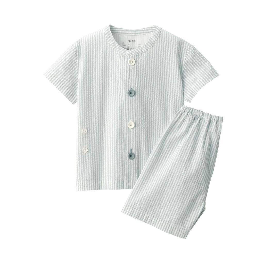 MUJI Baby Seamless Soccer Woven Short Sleeve Changing Light Blue Sizes FED17A5S Pajamas, Unisex, Stripes, 80-90,