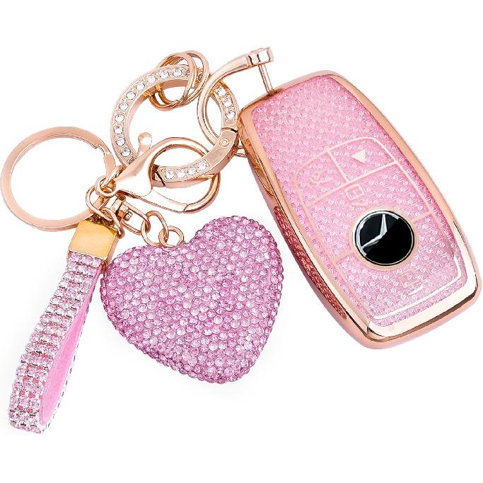 For Mercedes Benz Key Fob Cover with Diamond Bling Keychain, Car Accessories Key Shell Full Protection for - A-Class C-Class G-Class 2017- E-Class