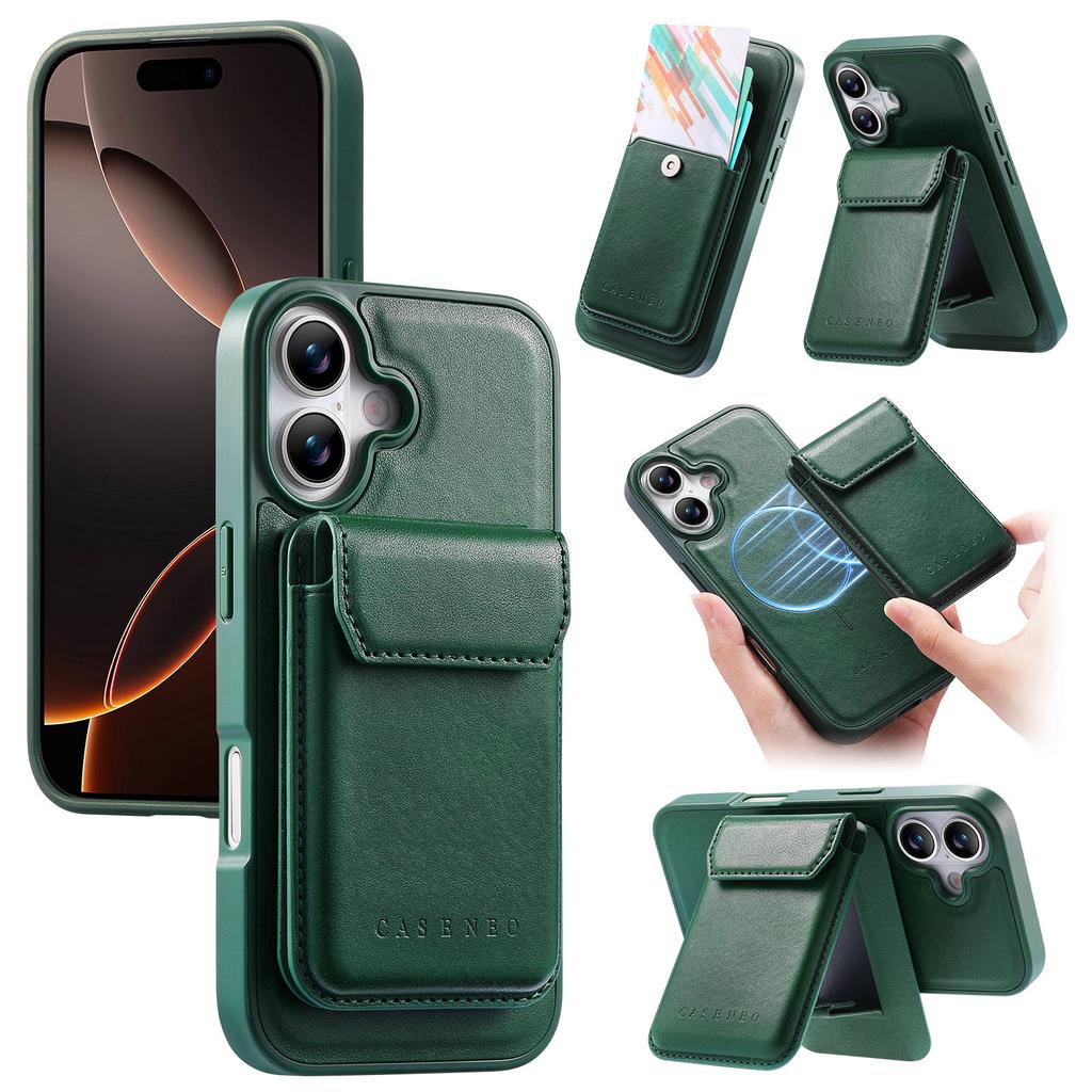 CASENEO For iPhone 17 Magnetic Case PU Leather PC Phone Cover with Detachable Card Holder Kickstand Compatible with MagSafe
