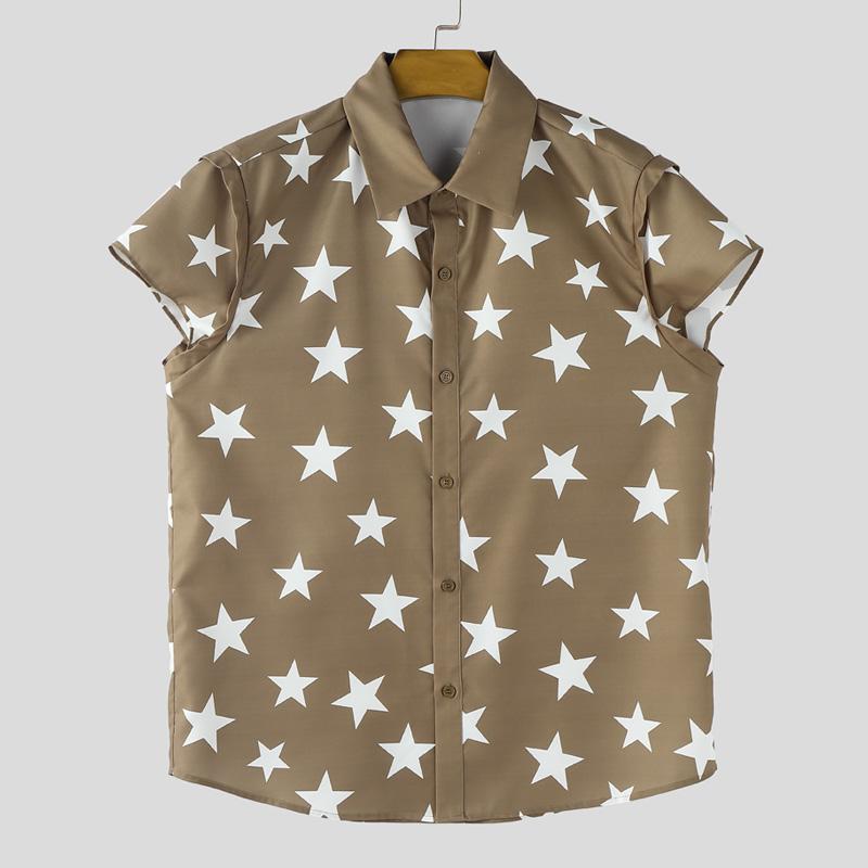 

INCERUN Men Lapel Neck Short Sleeve Print Buttons Casual Shirt Tops 5XL хаки