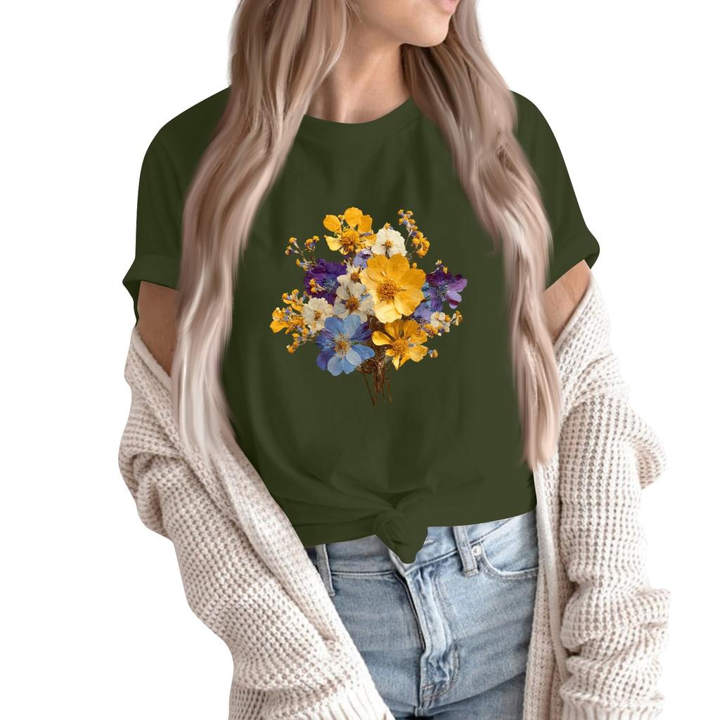 Women's Fashion Casual Printed Round Neck Short Sleeved Pullover T-Shirt Top