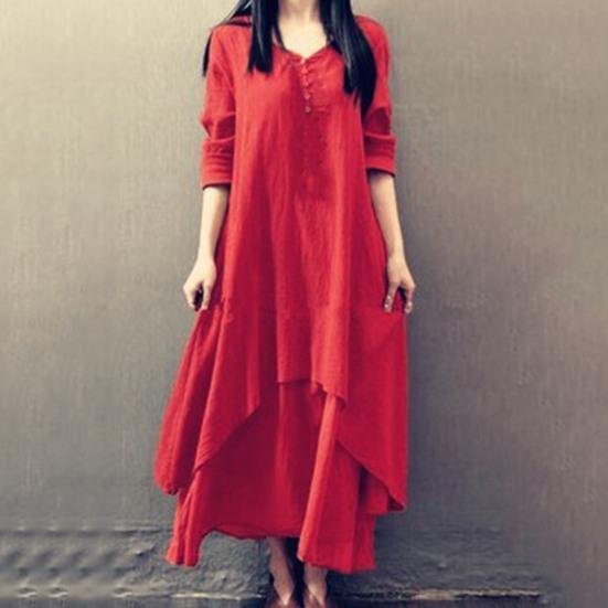 Buttons Decor False Two Pieces Baggy Dress Large Hem V-Neck Solid Color Long Sleeve Retro Dress Streetwear