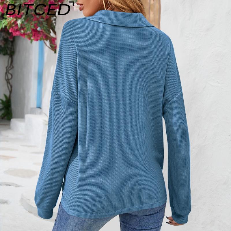 BITCED Women's Fall/Winter Polo Neck Button-Up Solid Color Long-Sleeve T-Shirt