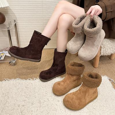 Women's One Foot Stirrup Elastic Thick Sole Winter Fur One Warm Cold Padded Snow Boots Non-slip Wear Casual Sports Short Mid-calf Cotton Boots