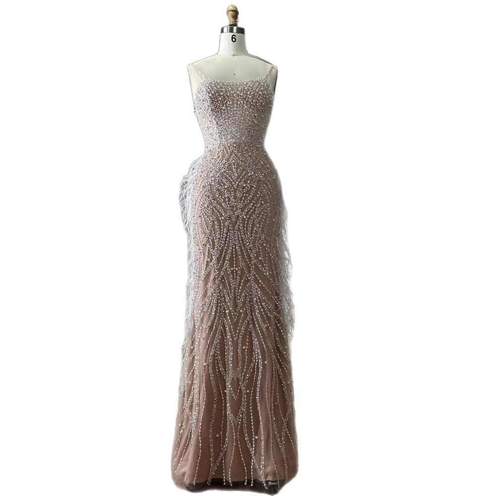 SERENE HILL white nude light luxury elegant suspender beads fishtail host banquet evening dress LA11811