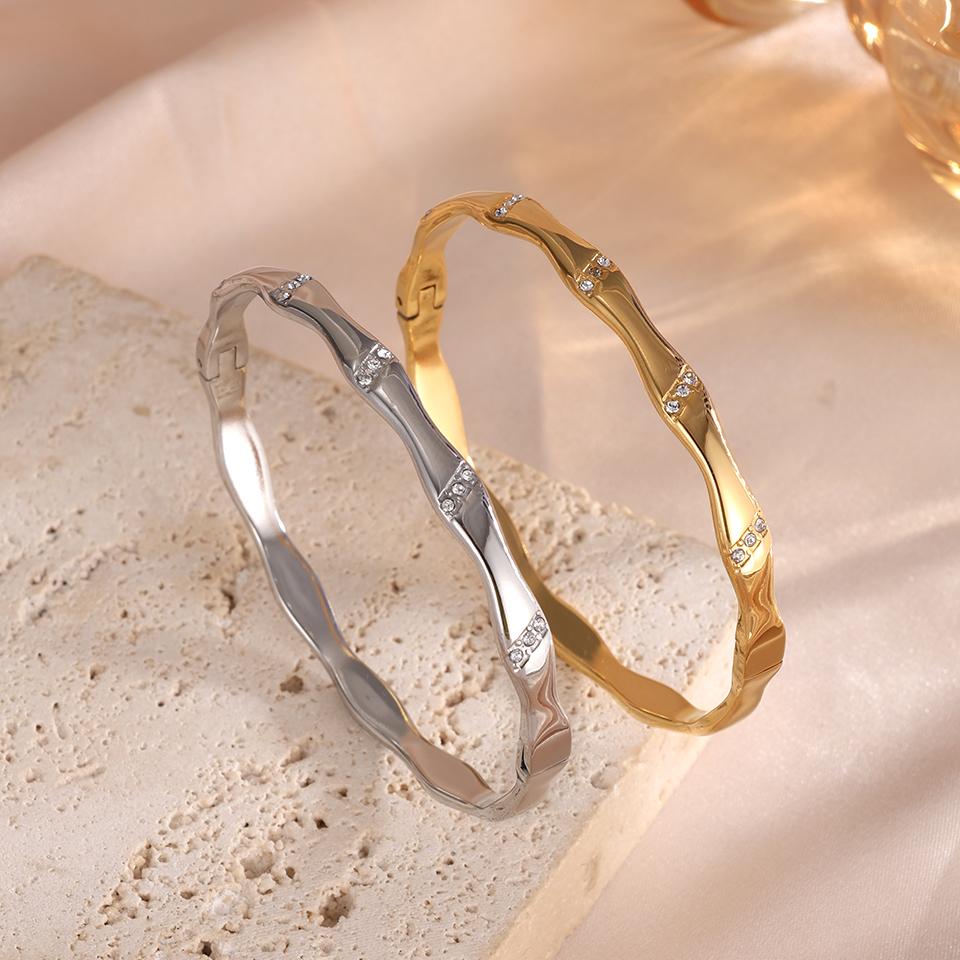 ZAKOL Personalized Bamboo Inlaid Zircon Stainles Steel Bangles Smooth Metal Bracelet Waterproof Zircon for Women
