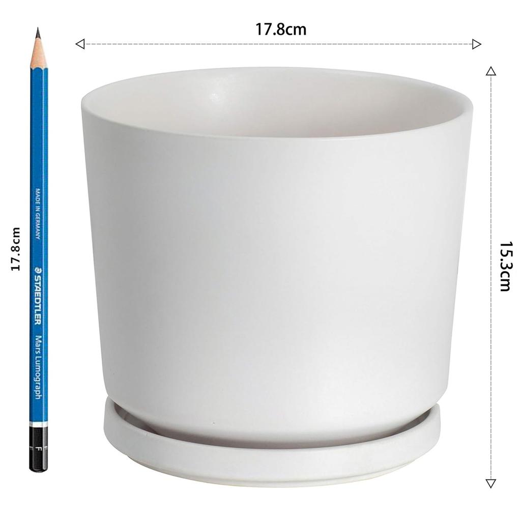Ekirlin Ceramic Size 7 with Saucer and Potted Interior Room Houseplant Planter, (18cm), Hole, White, Stylish, Plant, Decor, Decor,