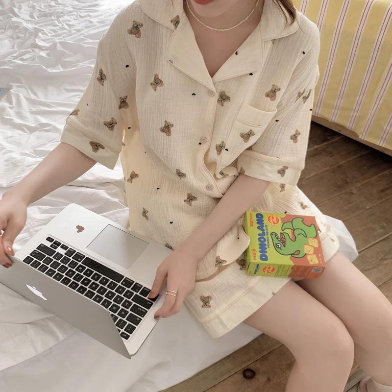 Flower Print Sleepwear Women Pajama Sets Korean Style Summer  Pieces Night Wears for Sleeping Student Cute Home Suit