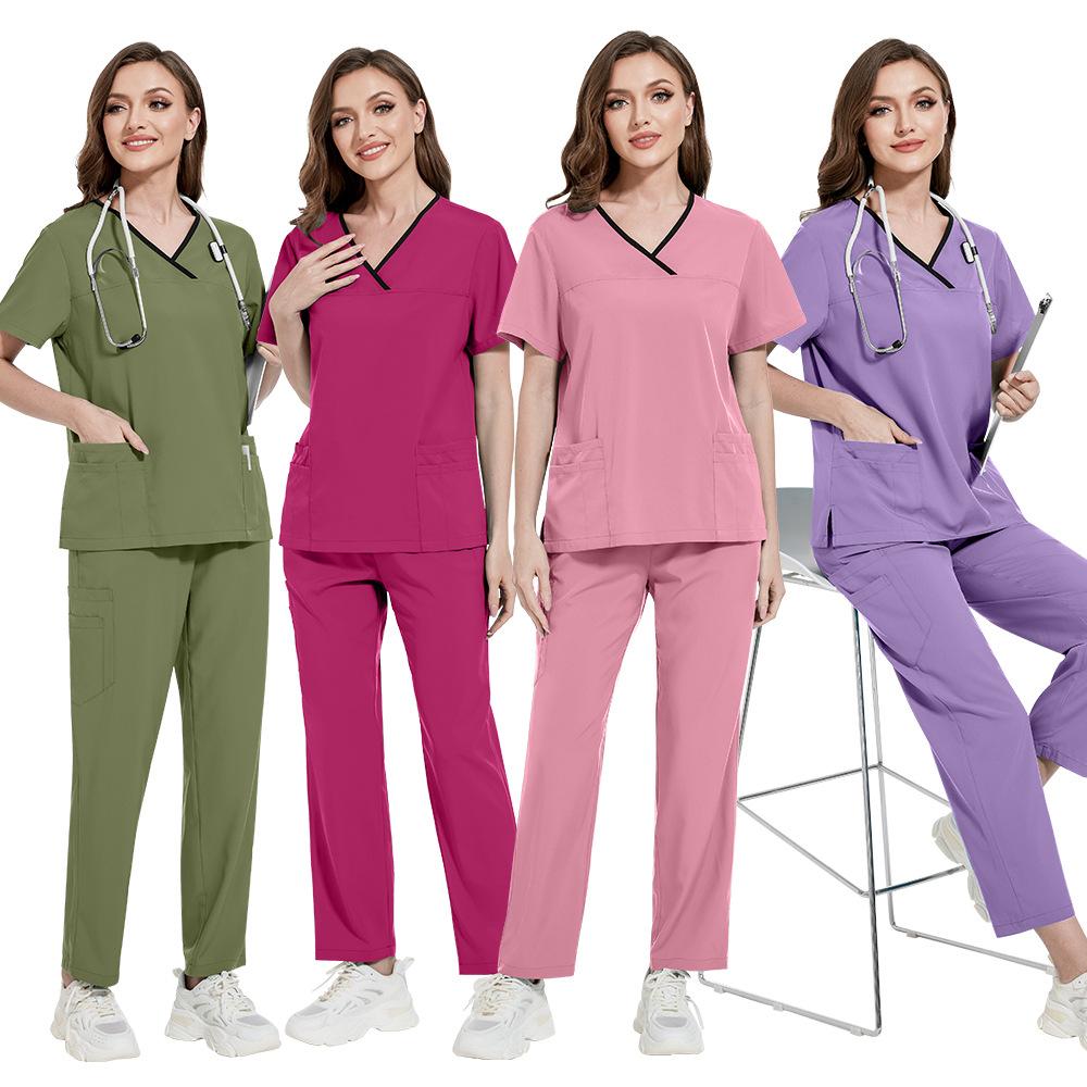 Color Matching Men'S And Women'S Thin Solid Color Short-Sleeved Trousers Doctor Nurse Beauty Salon Decoration Staff Construction Site Work Clothes Set
