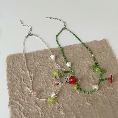 Sommer Kleine Frische Blätter Blume Perlenkette Weibliches Designgefühl Süße Persönlichkeit Mode Vielseitig Halskette Schlüsselbeinkette