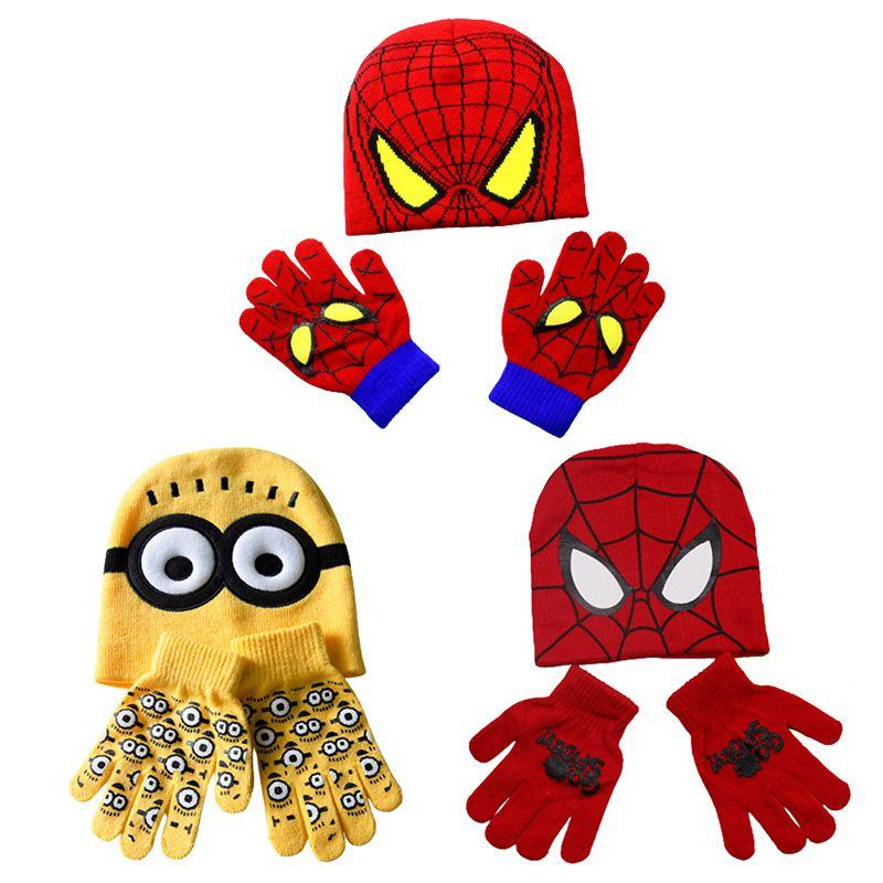 Minions Spiderman Children Cartoon Knitted Hat Gloves Winter Warm Suit Years 16