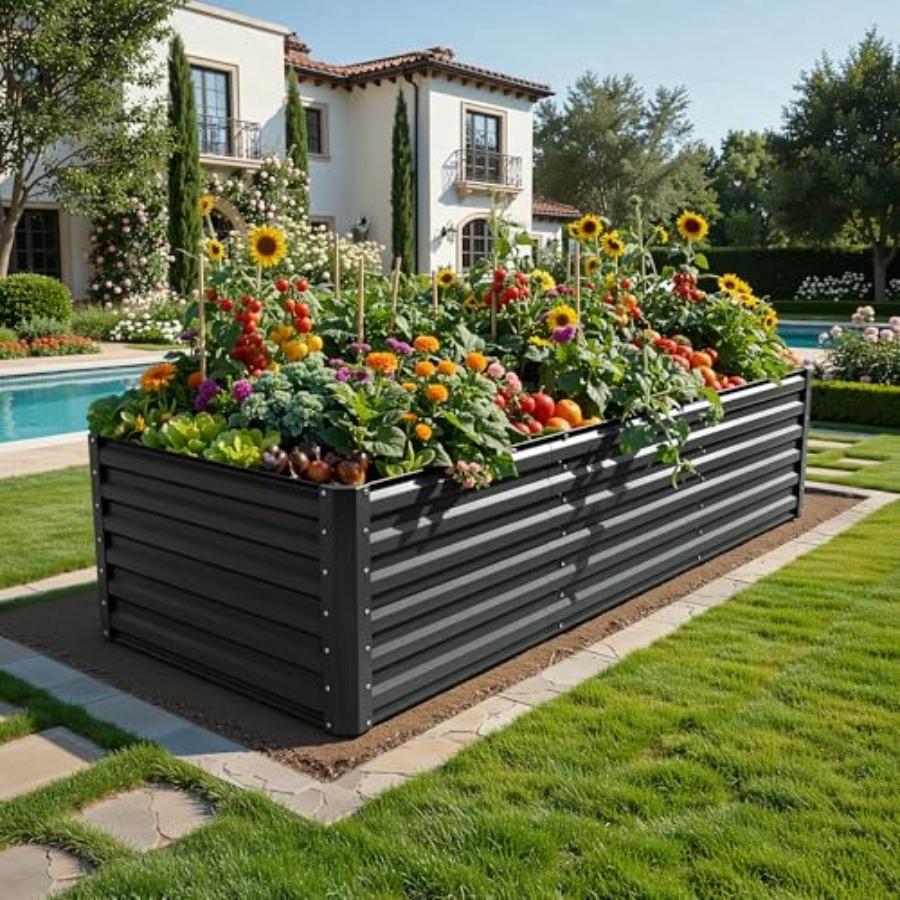 8x4x2ft Large Raised Garden Bed Kit In Black Galvanized Metal with Gloves Ground Nails Support Rod Safety Rubber for Outdoor Pl