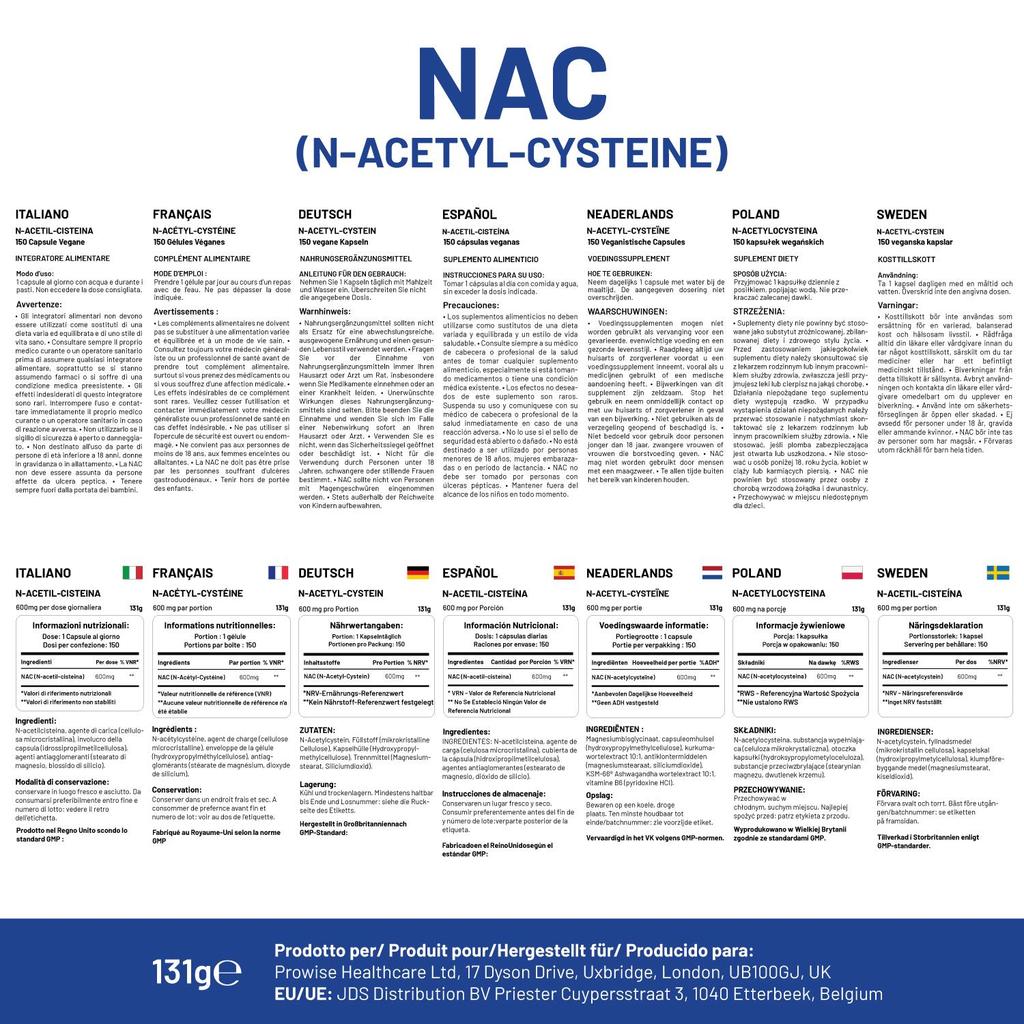 NAC N-Acetilcisteina 600mg 150 Capsule | Prodotto nel Regno Unito da Prowise Healthcare