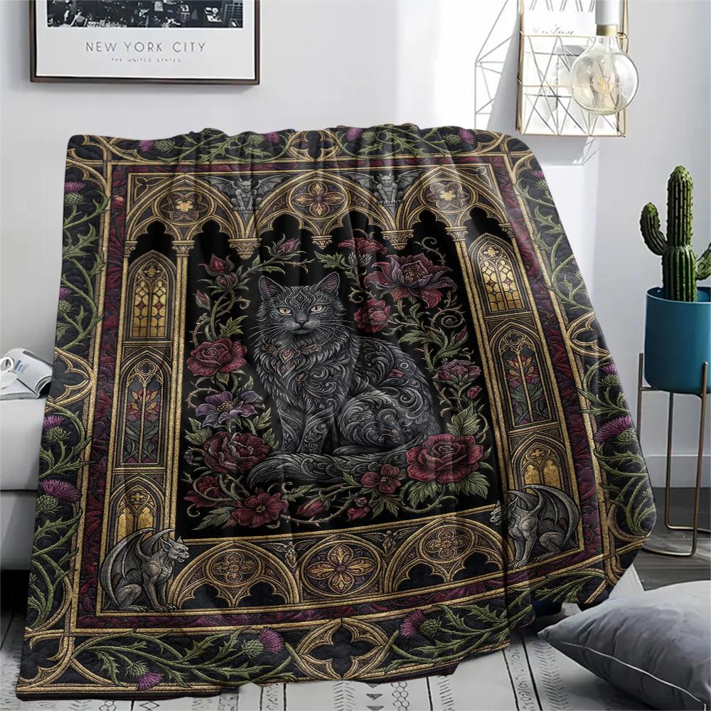 Cat Gothic Print Flannel Blanket, High quality Comfortable for All Seasons, Home Decor, Warmth and Comfort, Perfect for Christmas Gifts07