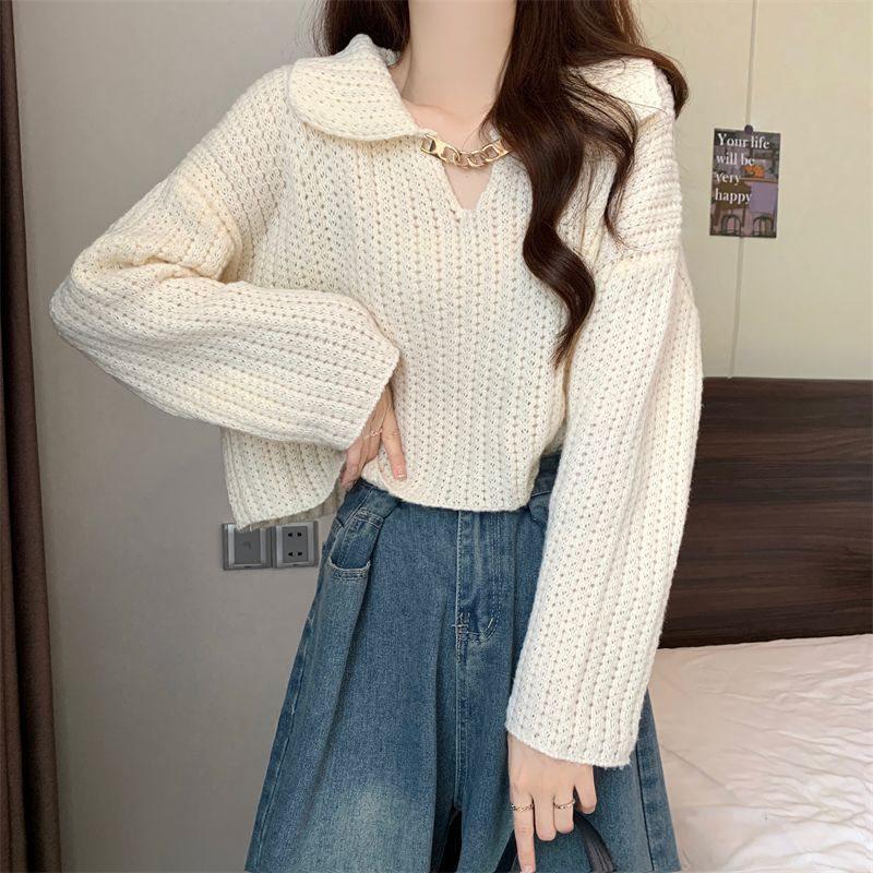 

Petite Women s Korean Style Doll Collar Knit Sweater - Long Sleeve, Loose Fit, for Spring and Autumn L (recommended for 105-115 lbs)