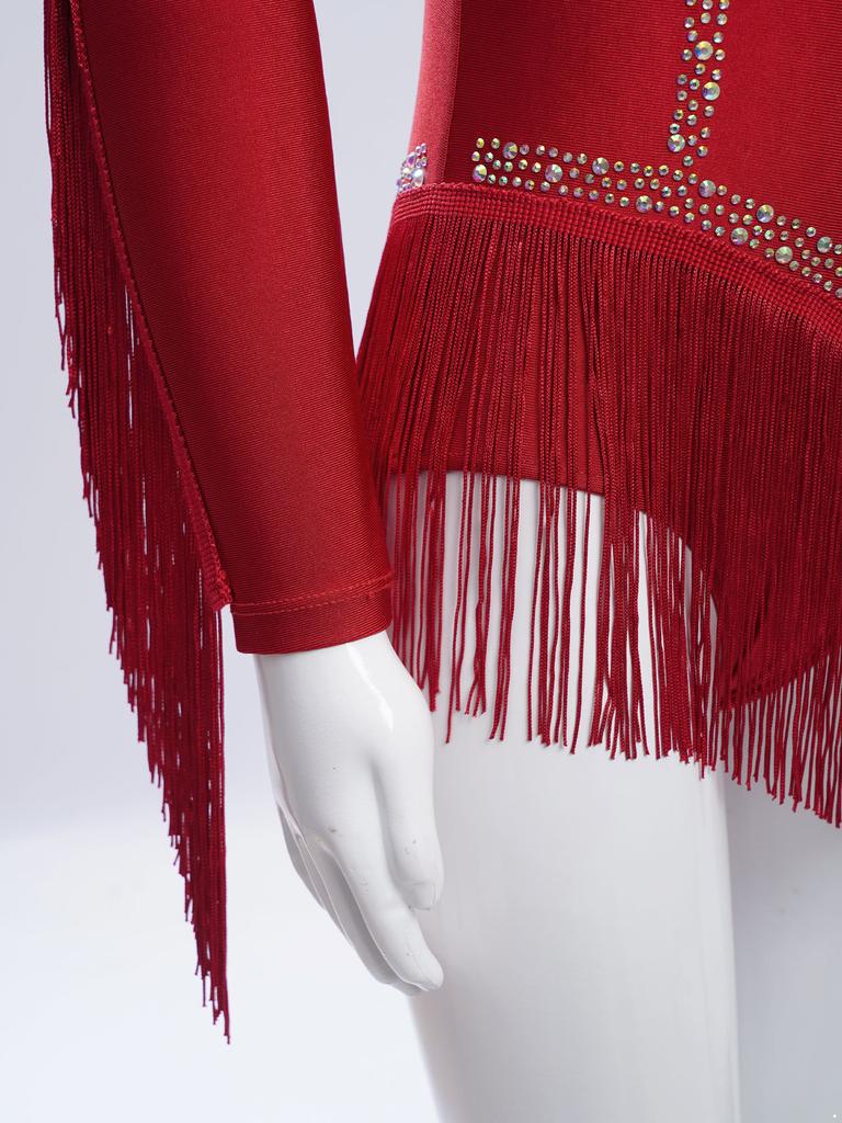 Girls Fringe Latin Dance Costume Mock Neck Long Sleeve Keyhole Back Shiny Rhinestones Tassels Leotard