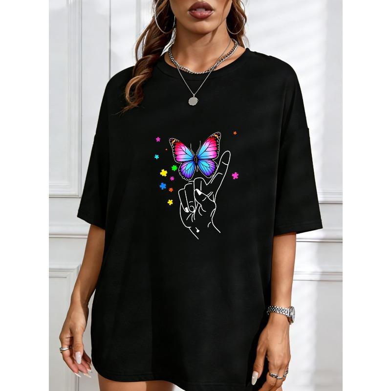 

Women s White T-Shirt With Colorful Butterfly And Stars Print Casual Summer Top For Everyday Wear XXXXL чорний