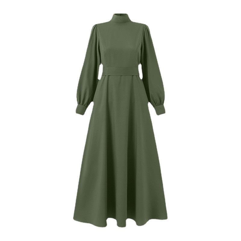 GMXIA Commuter Street Fashion High-waisted A Long Dress with Lantern Sleeves