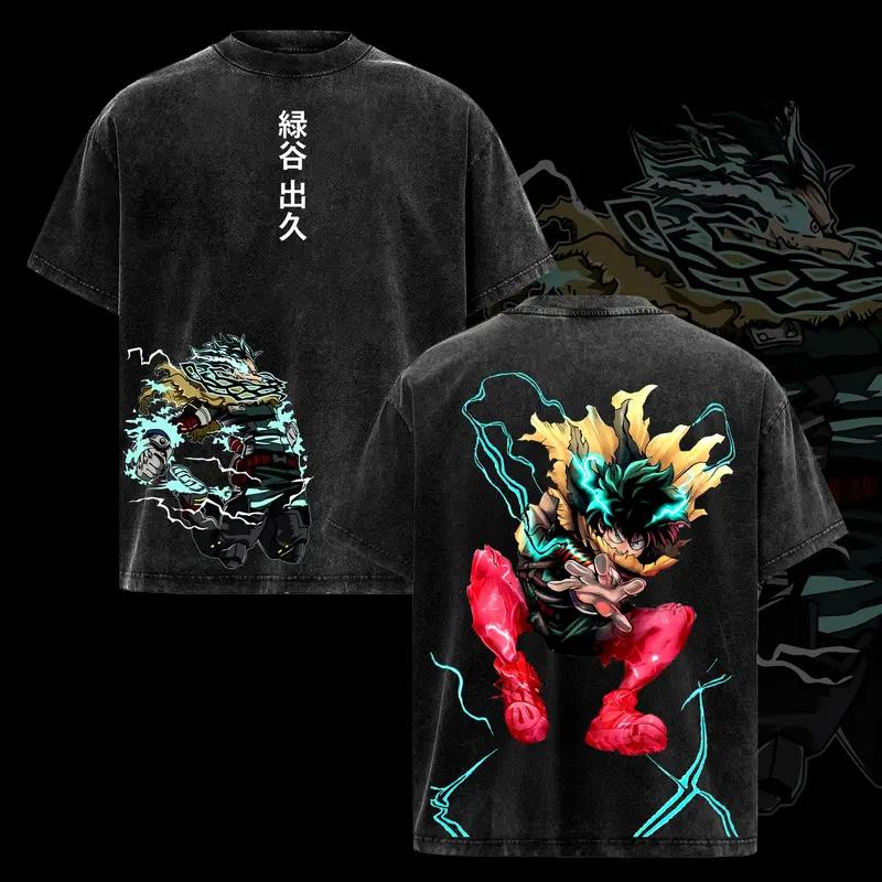 Hot Anime My Hero Academia Midoriya Izuku Print T-shirt Men Women Clothing Cotton Tshirt Retro Washed T Shirt Harajuku Male Tops