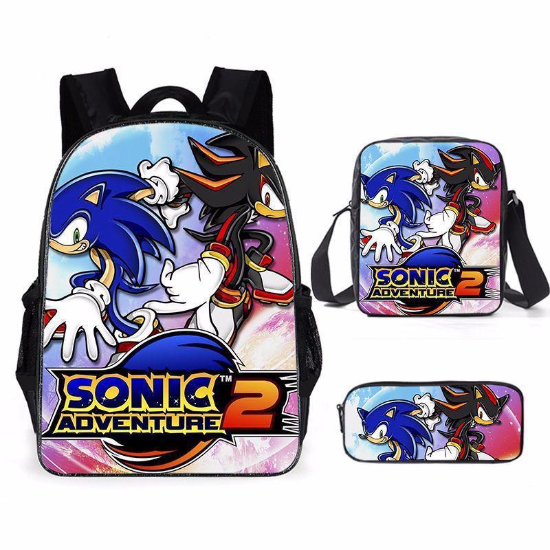 Cartoon Sonic Backpack, Primary And Secondary School Schoolbag, Messenger Bag, Pencil Case Three-Piece Set