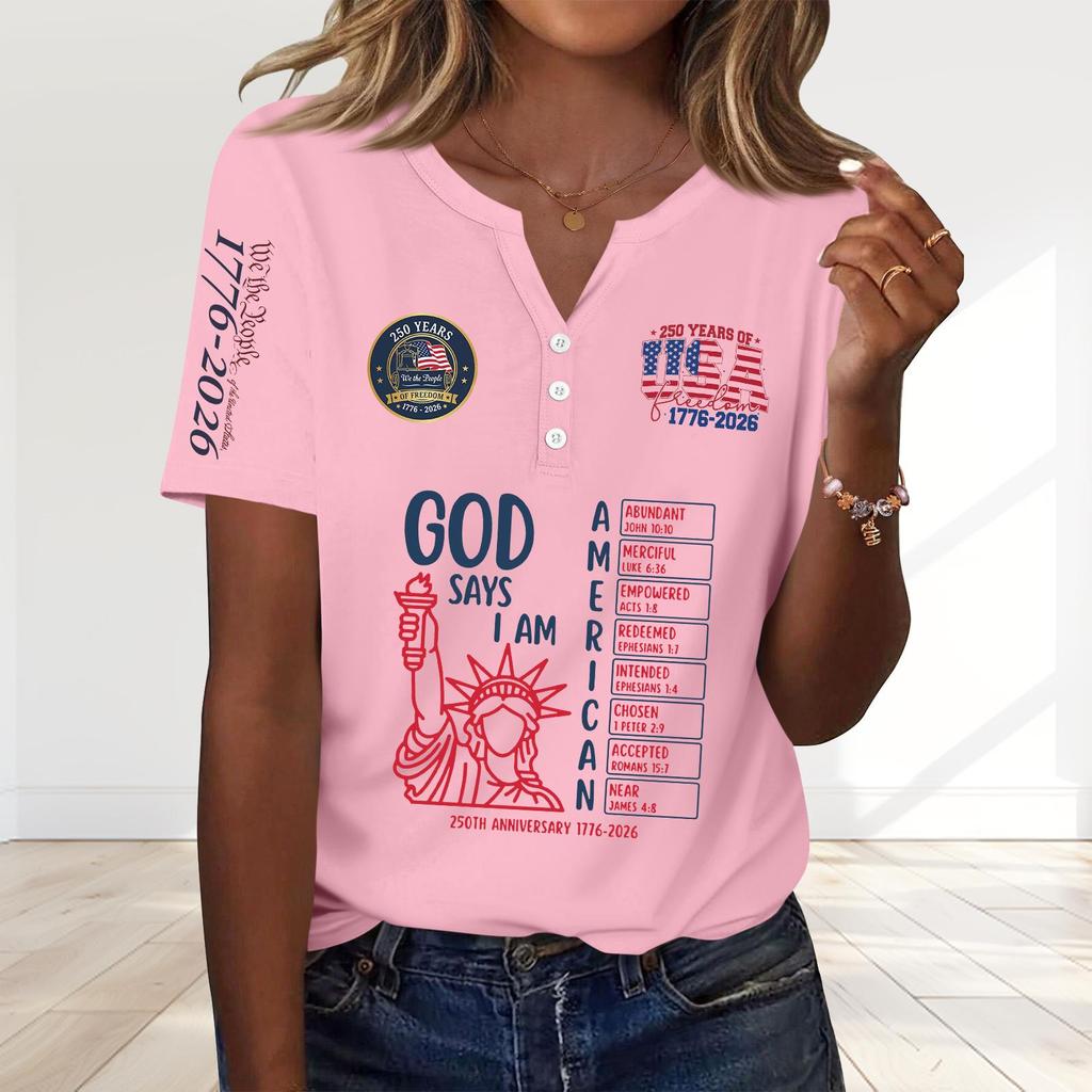 Womens Short Sleeve Henley Neck Printed T Shirt 250th Anniversary Letter Graphic Casual Loose Fit Top for Everyday Wear