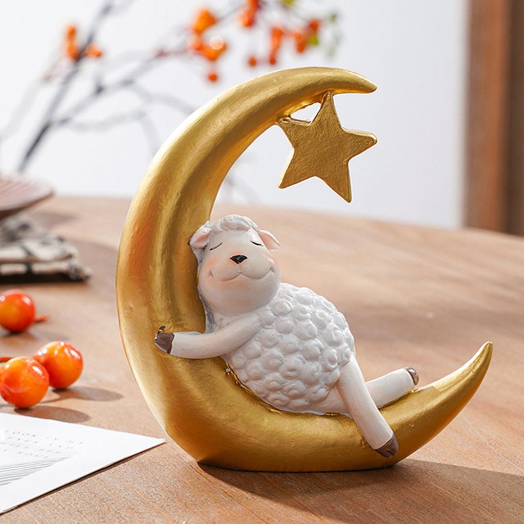 Animal Sculptures Sheep Sleepings On Crescents Moon Figurines Table Ornament Resin Moon Sheep Statue Home Office Decors