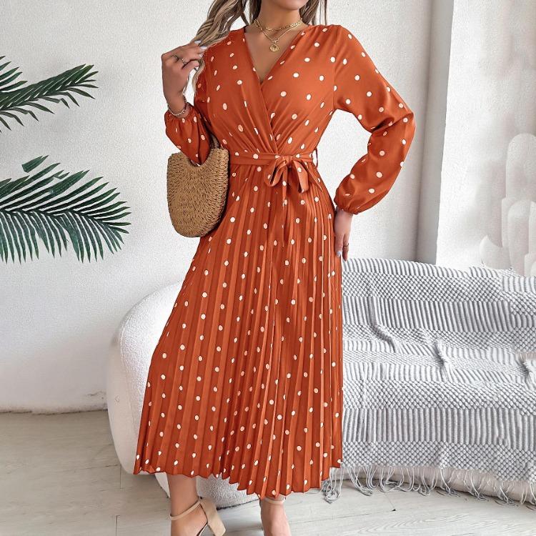 Women Long Sleeve A Line Long Dress High Waist Dot Pleated Autumn Winter Fashion