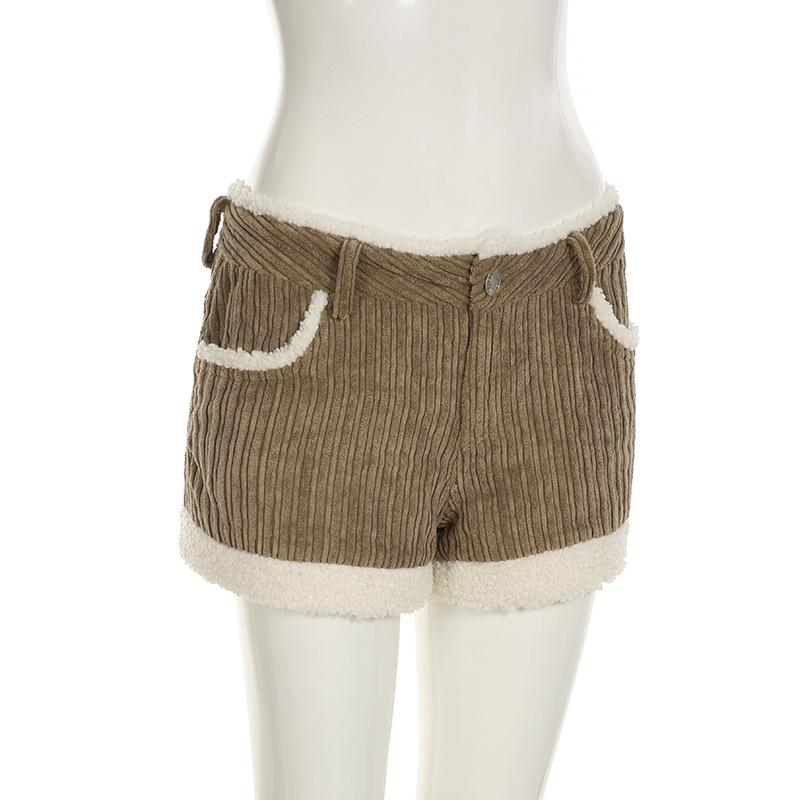 Dámské manšestrové šortky s proužky, s kožešinovým prošíváním v kolizních barvách, univerzální, s nízkým pasem, slim fit, pro pikantní dívku