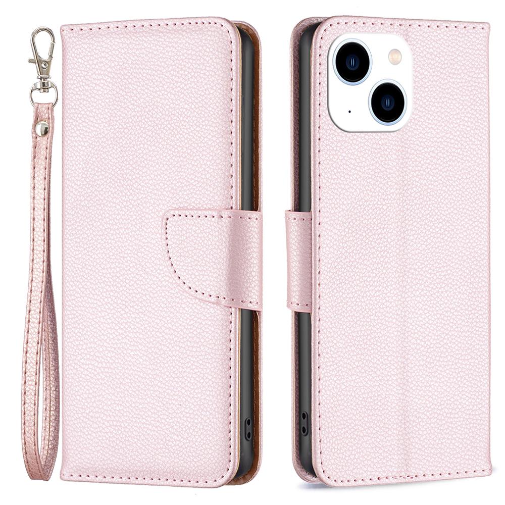 

For iPhone 15 Phone Flip Stand Case Wallet PU Leather Litchi Texture Cell Phone Cover with Strap Rose Gold
