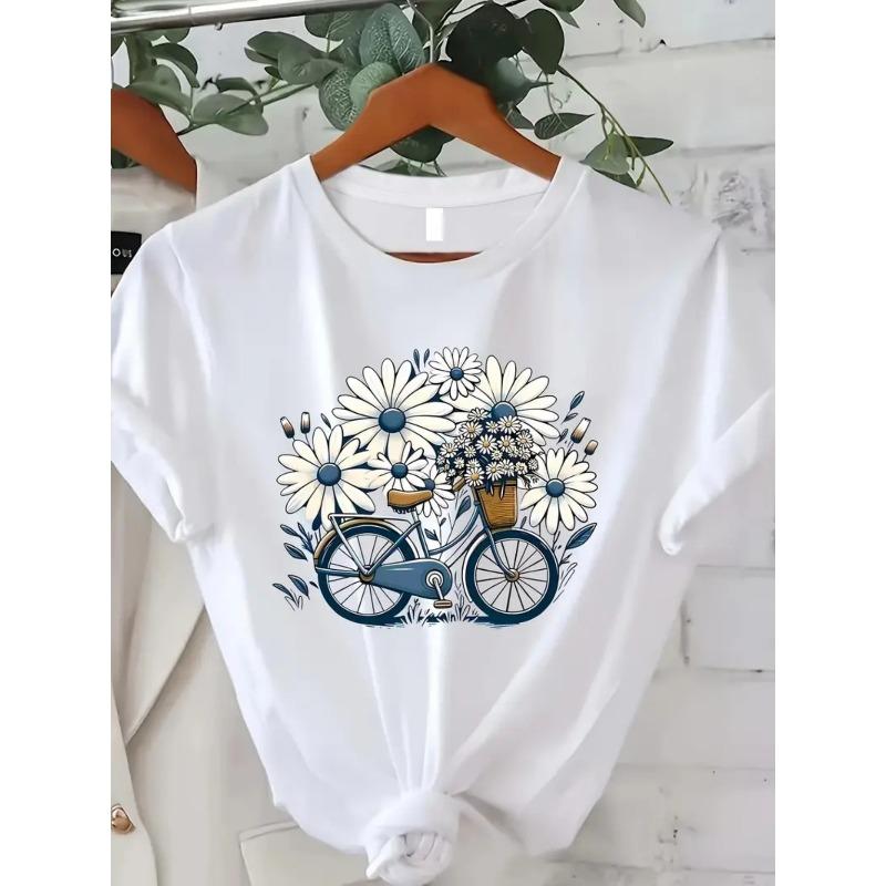 Damen Übergröße Rundhals Kurzarm T-Shirt Blumen Fahrrad Druck Lässiges Mode Oberteil